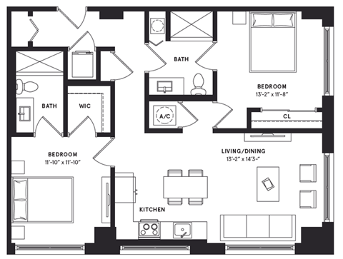 floorplan of a two bedroom luxury apartment at 29 Wyn apartments in Miami, FL